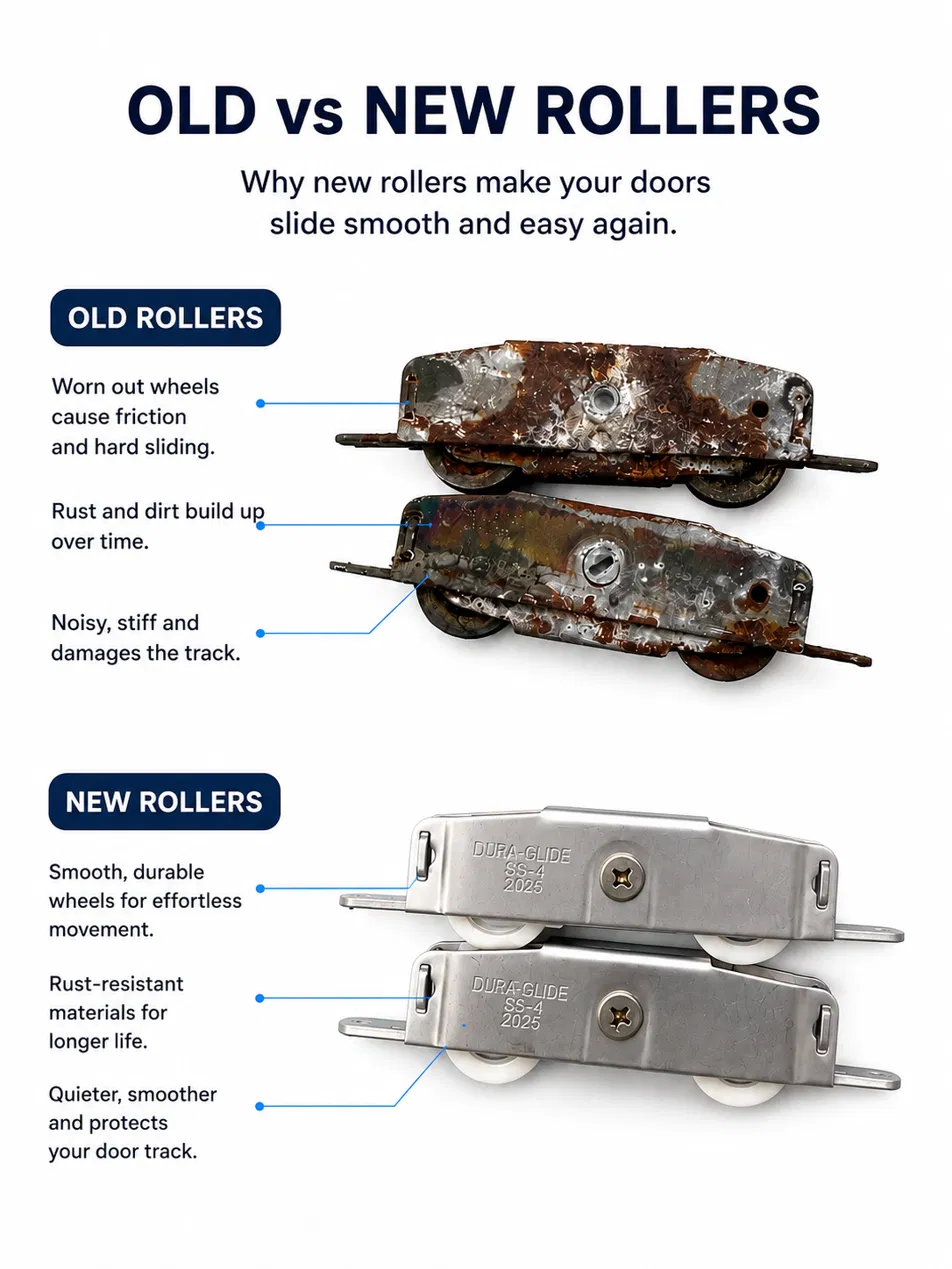 Comparison of rusted old sliding door rollers and new rust-resistant stainless rollers