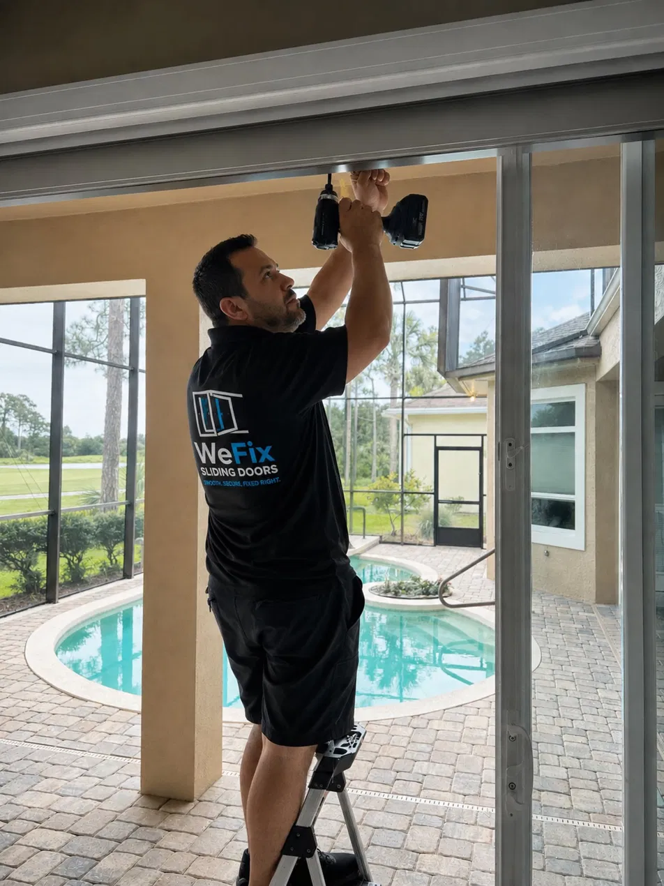 WeFix technician servicing an overhead sliding door track above a pool